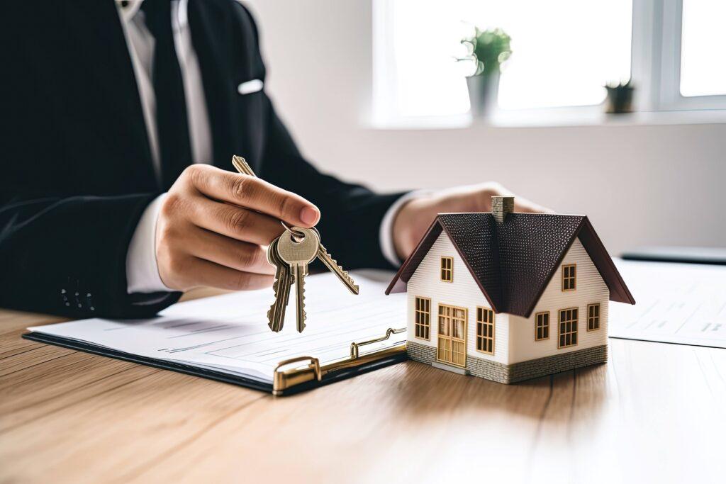 Immobilienmakler hält Hausschlüssel im Büro. Hausratversicherung und Immobilieninvestitionen. Hypothek, Wohnungsbaudarlehenskonzept. Generative KI