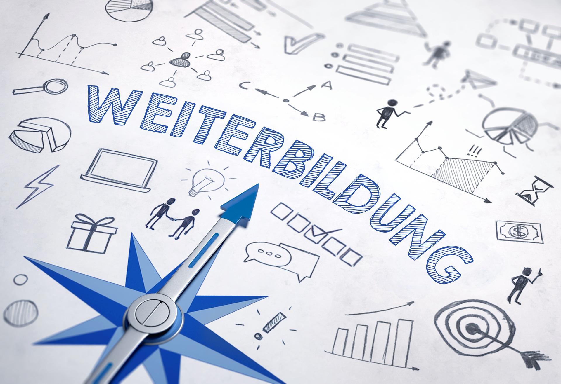 Grafik mit Weiterbildungskompass und Symbolen | online Seminarverwaltung